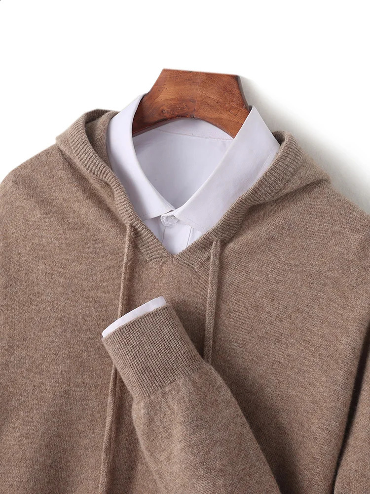 100%Pure Wool Hoodie Mens Hooded Collar Knit Pullover Casual All-Match Large Size Sweater Autumn Winter High-End Base Shirt 240821