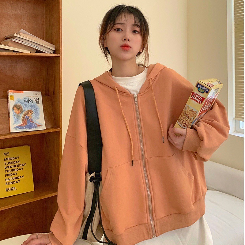 Spring Autumn New BF Style Loose and Slim Zipper Hoodie for Women, Hooded Solid Color Student Top, Ins Trendy dongdumaoyi