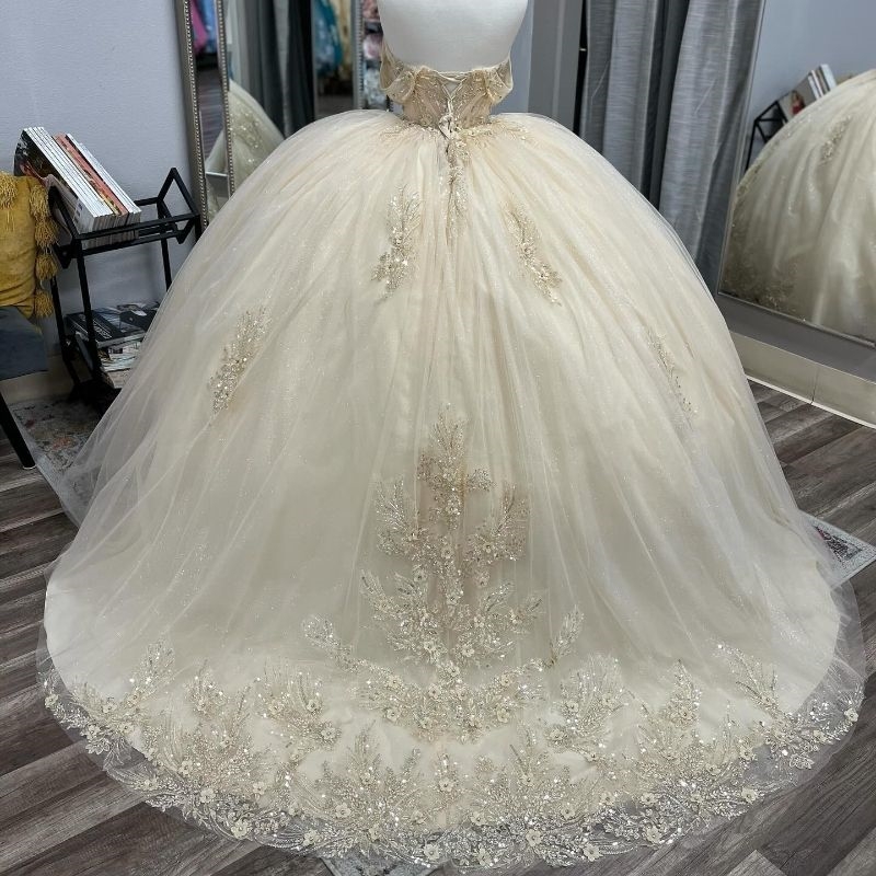 Light Champagne Quinceanera Dresses 2024 Sequin Lace Applique Beads Tull Sweet 16 Birthday Party Ball Gown Corset Vestidos De 15 Anos