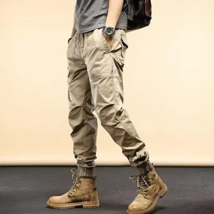 American Retro Outdoor Hip Hop Workwear Pants For Mens Trendy Elastic Waist Zipper Simple Large Pocket Tied Casual Pants 240822