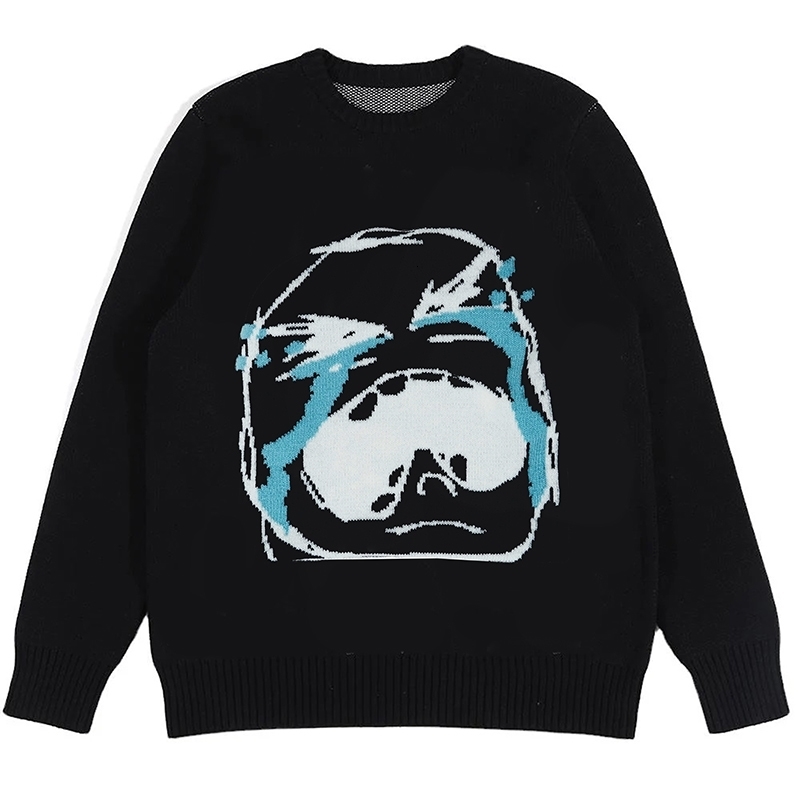 Vintage Men Casual Streetwear Sweater Retro Painting Anime Funny Crying Facial Spoof Hip Hop Knitted Graphic Pullover 240821CJ