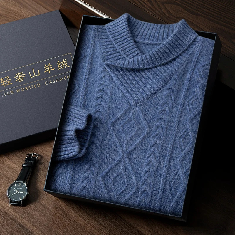 ZOCEPT Winter Mens Retro Shawl Collar Thick 100 Cashmere Sweater Long Sleeve Warm Knitted Twisted Pattern Pulling Flower 240821