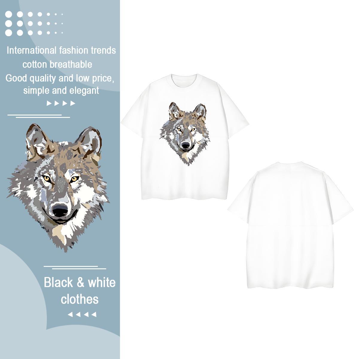 Casual New T shirt Breathable Short Sleeve 230g Cotton Unisex Tshirts Cartoon Floral Printing wolf Street Casual Comfortable Clothes
