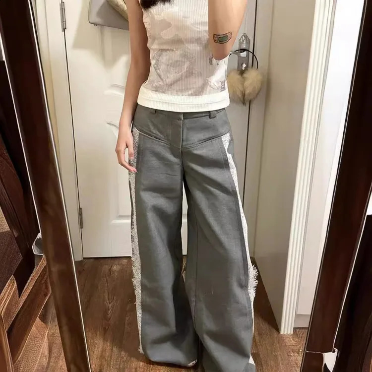 American Retro Sweet Gray Pants for Women Autumn Lace Patchwork Trousers Y2k High Waist Loose Wide Leg Pants 240821