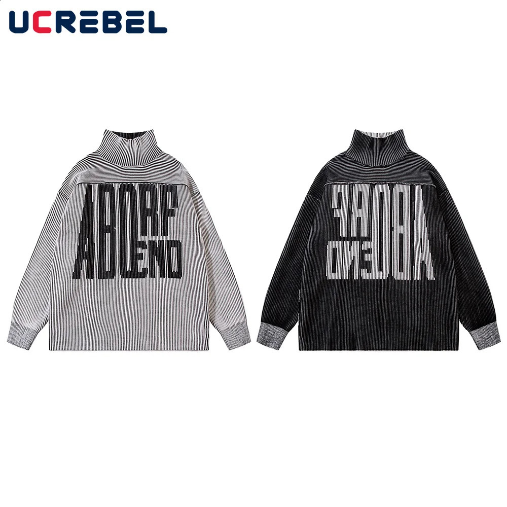 Letter Jacquard Striped Double-sided Sweater Mens Autumn Winter High Street Long Sleeve Loose Knitted Pullover Men 240821