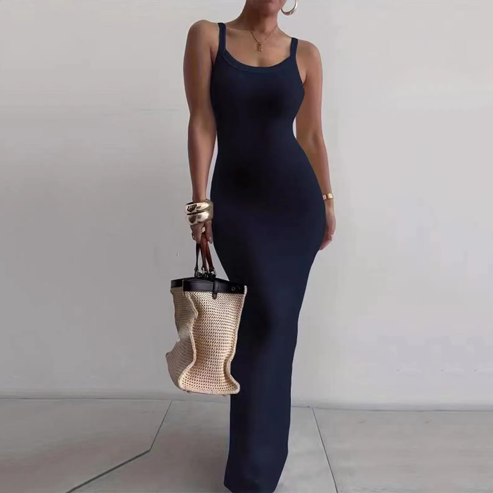 Womens Bodycon Maxi Dress Summer Sleeveless Long Dress For Beach Holiday Vacation Robes Femmes Solid Color Slim Fit Dresses 240822