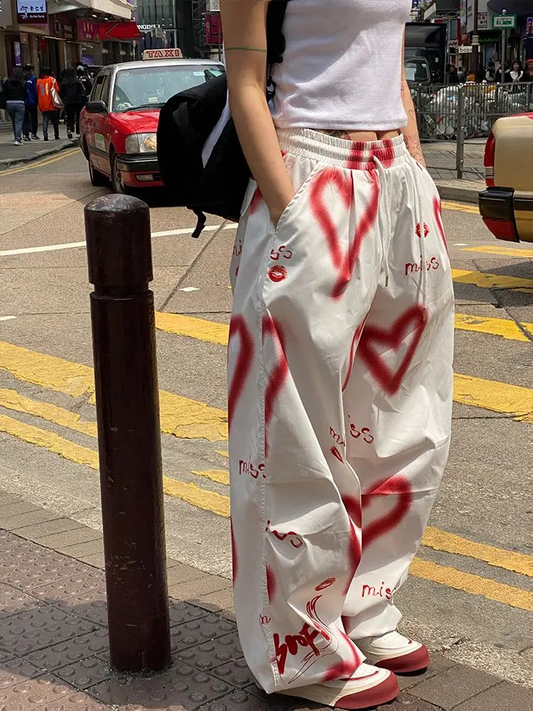 QWEEK Y2K Love Graffiti Print Cargo Pants Women High Street Hip Hop Trousers Women Pants Casual Wide Leg Floor Trousers 240821