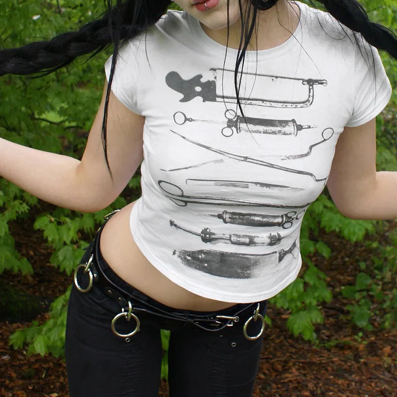 Goth dark Acubi Fashion Print Short Sleeve T-Shirt Casual O-neck Crop Tops For Women Anime E- Streetwear Slim Tees Gothic 240822