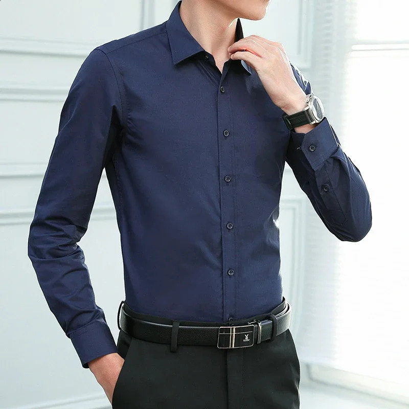 Spring Autumn Men White Shirt Long-sleeved Solid Color Business Lapel Formal Shirt Male Plus Size 8XL Black Light Blue Navy 240822