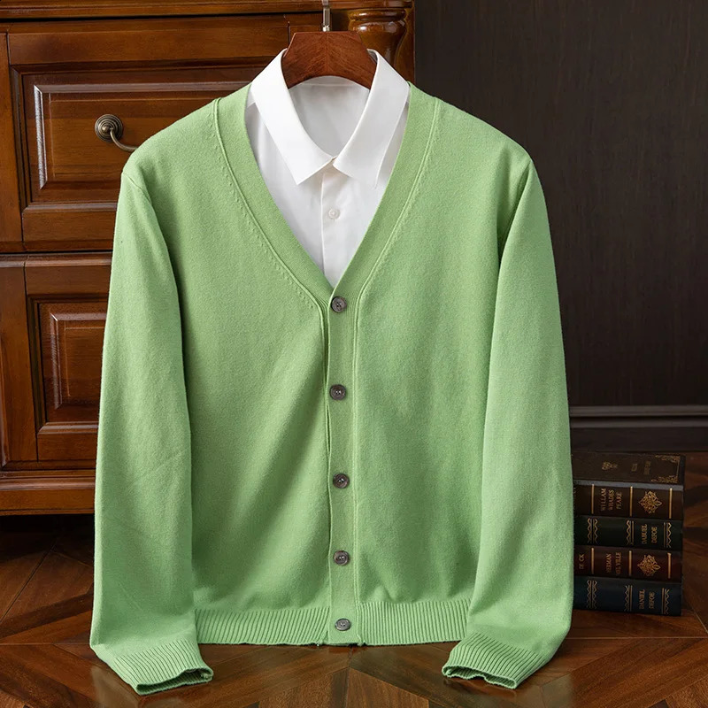Fall/Winter 100% Merino wool cashmere coat mens V-neck cardigan casual solid color padded knit coat warm coat 240821