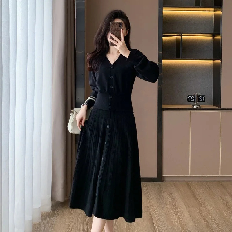 ZJYT autumn and winter knitted dress set twopiece womens fashion long sleeved Vneck cardigan sweater tight fitting black 240821