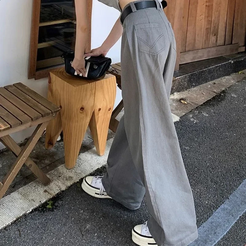 Deeptown Gray Vintage Suit Pants for Women Oversized Elegant Korean Fashion Slack Classic Trousers Office Ladies Palazzo Loose 240821
