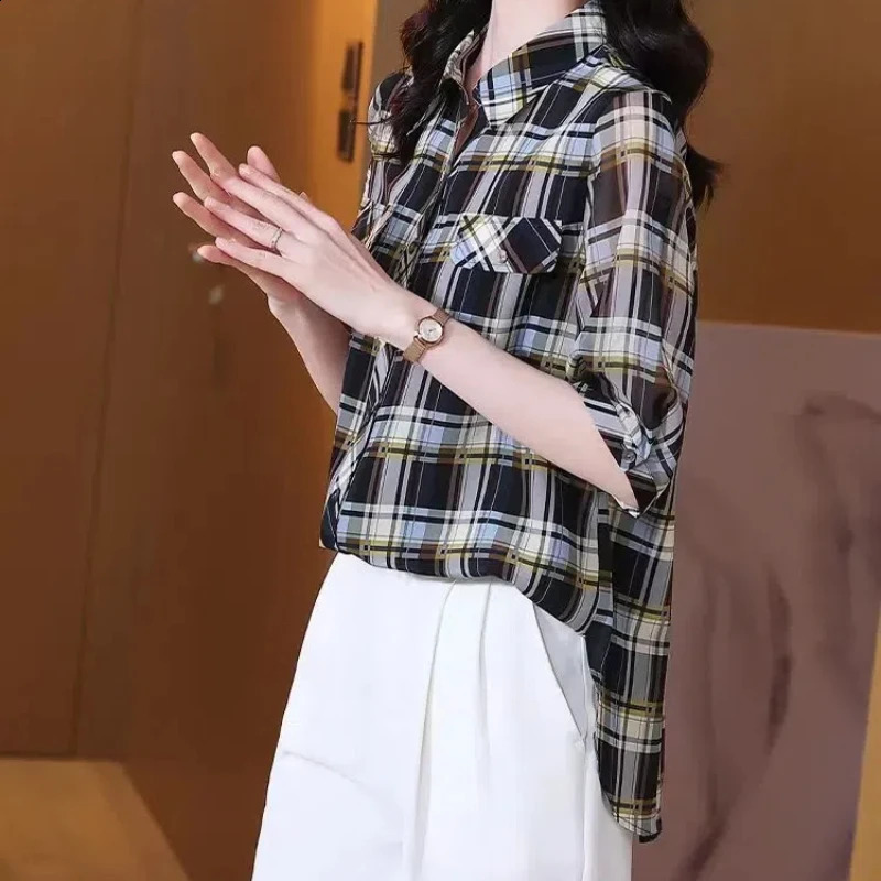 Womens clothing Spring and Autumn chiffon long sleeved buttoned checkered contrasting color cardigan jacket elegant Korean style top 240822
