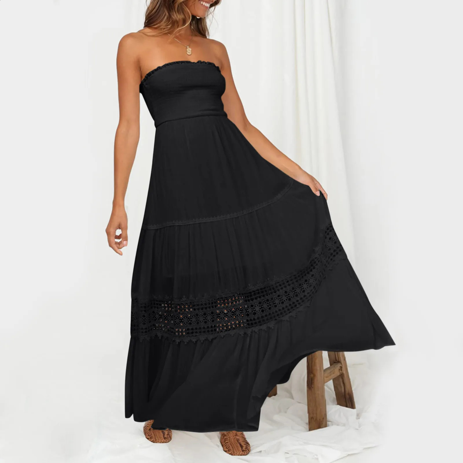 Womens Boho Wrap Dresses Ladies Summer Bohemian Strapless Off Shoulder Lace Trim Backless Flowy A Line Beach Long Maxi Dress 240822