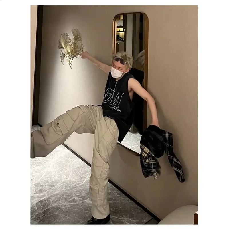 American Style Vintage High Street Casual Pants For Men Women Loose Fit Multi Pocket Cargo Pants Hip Hop Straight Leg Versatile 240822