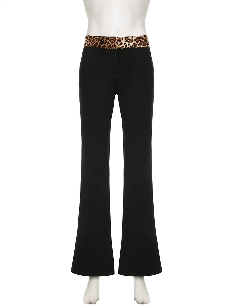 IAMSURE Y2K Patchwork Leopard Printed Flare Pants Casual Slim Low-Waisted Wide Leg Pants Women Autumn Spring Streetwear 240821