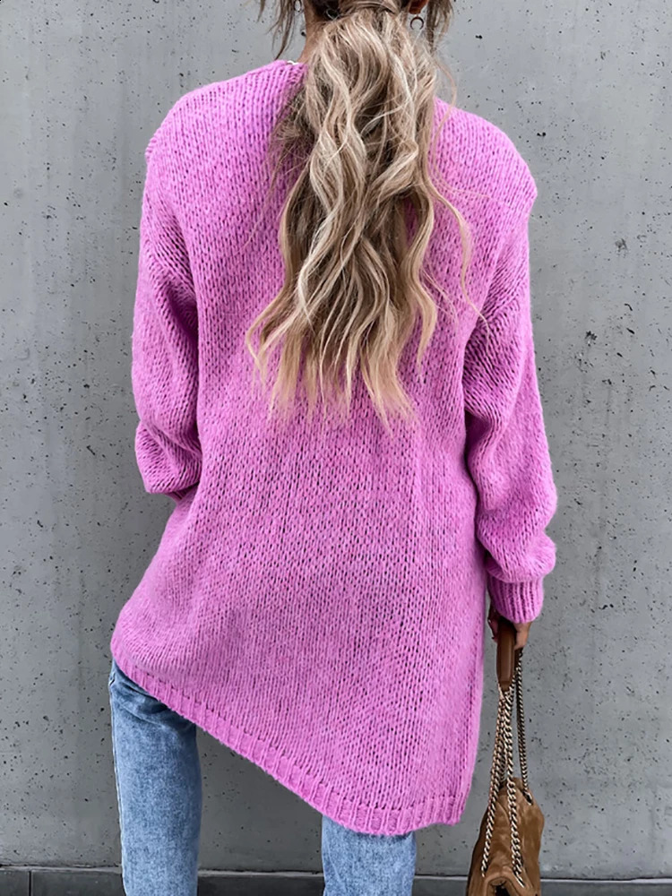 Vneck long sleeved patched work sweater womens solid loose coat for autumn and winter casual elegant Maxi cardigan 240821