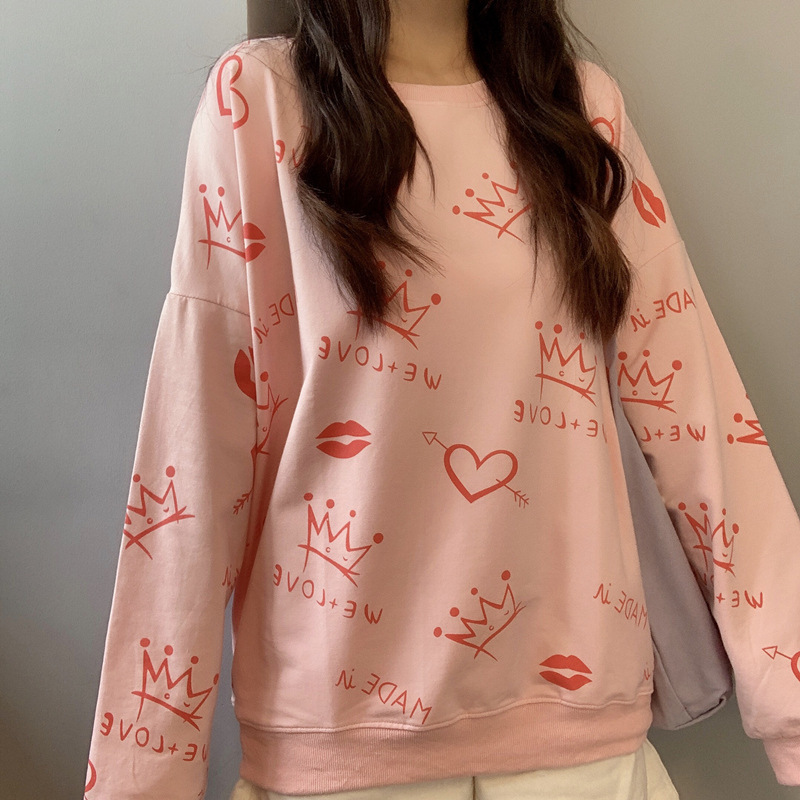Front and back graffiti printed long sleeved hoodie for women, autumn new Korean version casual loose thin student top trend dongdumaoyi