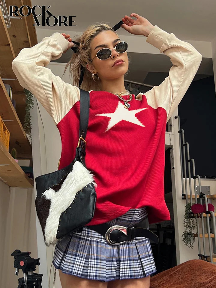 Rockmore Y2K Star Graphic Loose Sweaters Autumn Winter Harajuku Vintage Jumper Top Women Casual Long Sleeve Pullover 90s Grunge 240821