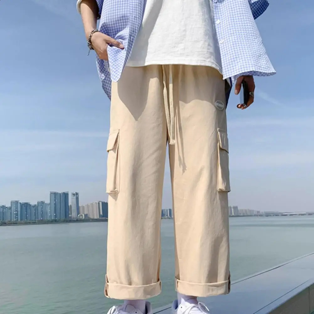 Mid-Rise Elastic Waist Drawstring Pockets Pants Men Straight Wide Leg Solid Color Casual Pants Streetwear pantalones hombre 240822