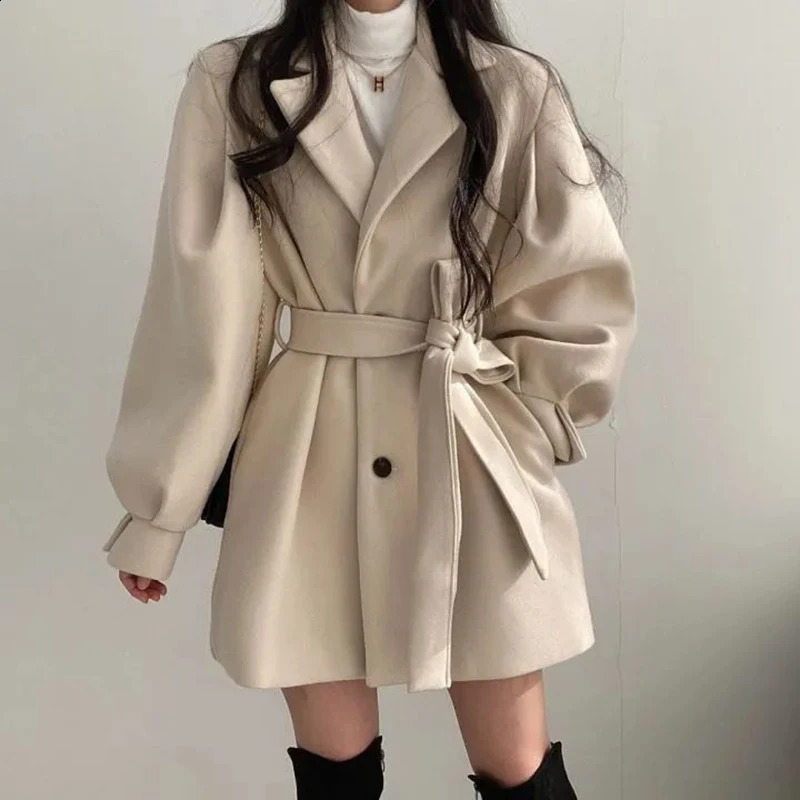 ITOOLIN Women Lace-up Trench Coat With Pockets Woolen Turn-down Collar Buttons Long Sleeve Coat Overcoat For Women Autumn Winter 240822