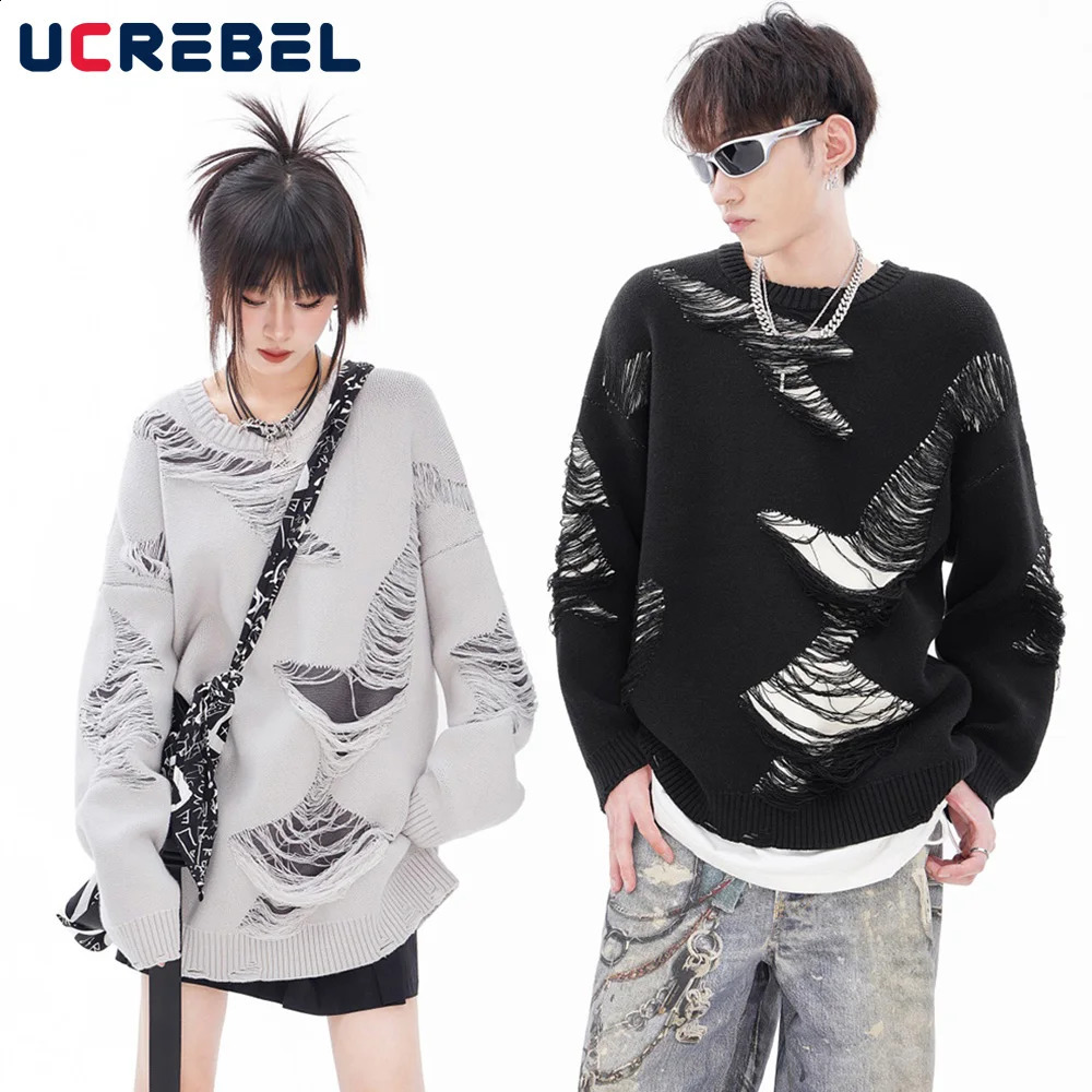 Splicing and tearing sweater for men autumn winter street workers loose collar long sleeved knitted floral mens clothing 240821
