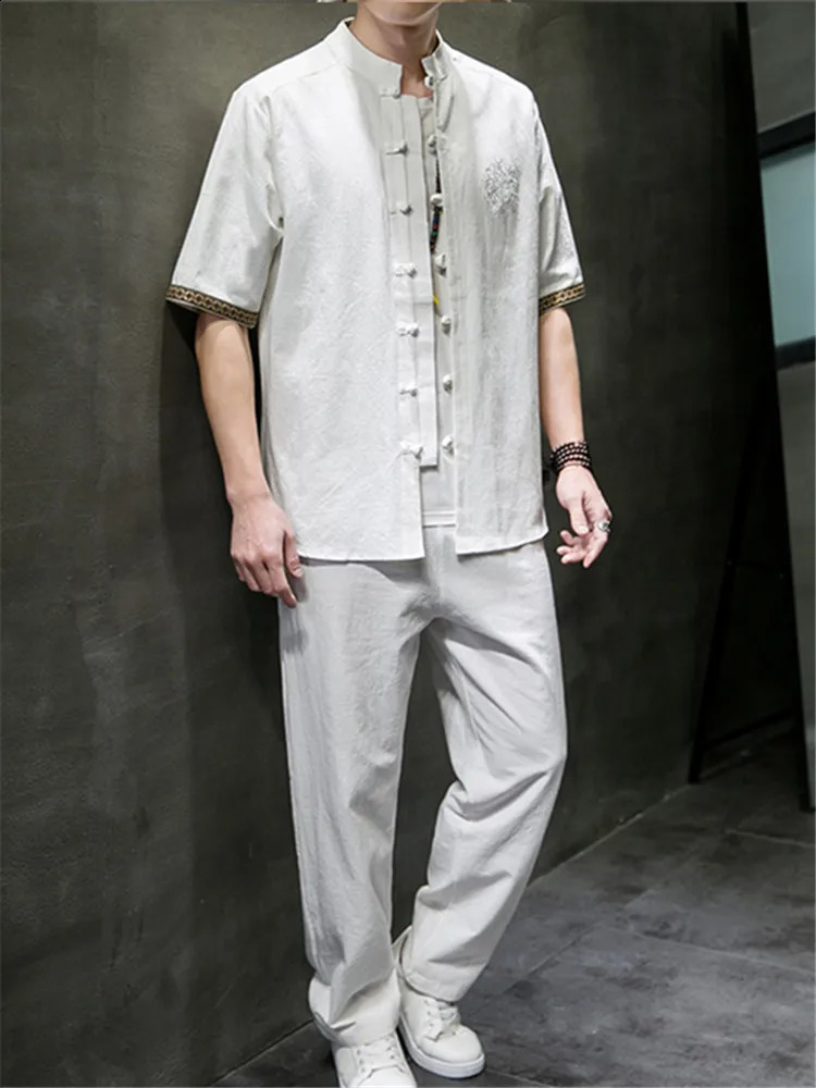 2 Pieces Summer Cotton Sets Men Chinese Style Solid Color Casual Tracksuit Streetwear Mens Short ShirtsLong Pants Plus Size 5XL 240821