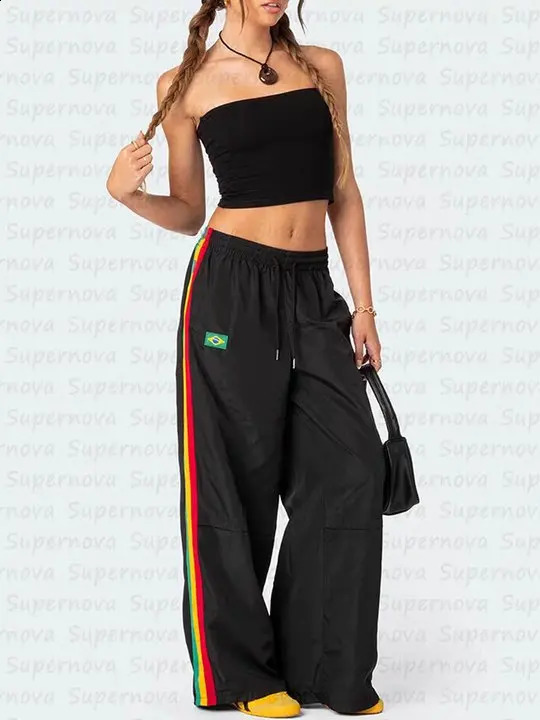 Y2K Vintage Cargo Casual Harajuku Pant Women Brazil Letter Streetwear Striped Oversize Baggy Jogging Sweatpants Wide Trousers 240821