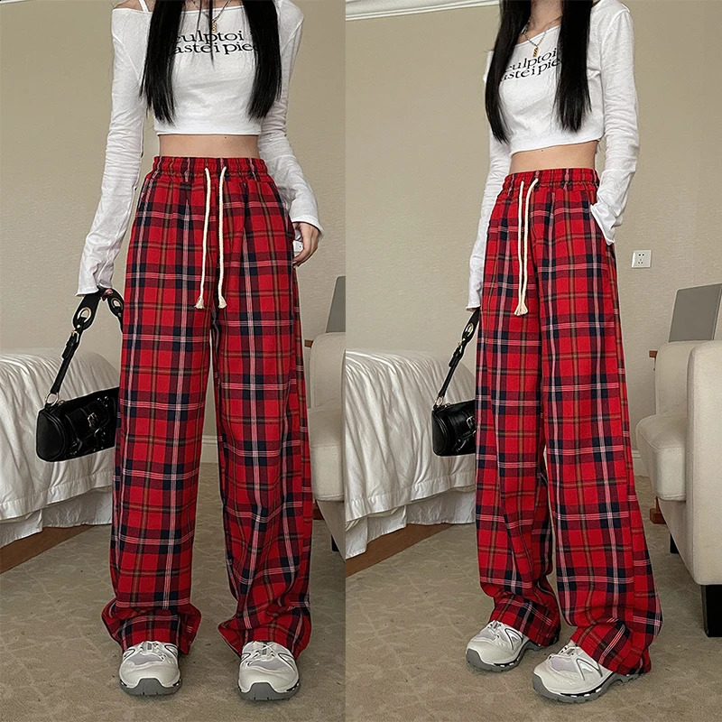 Women High Waist Y2k Loose Straight Leg Pants Lady Korean Harajuku Baggy Wide Leg Trousers Female Casual Grunge Red Plaid Slacks 240821