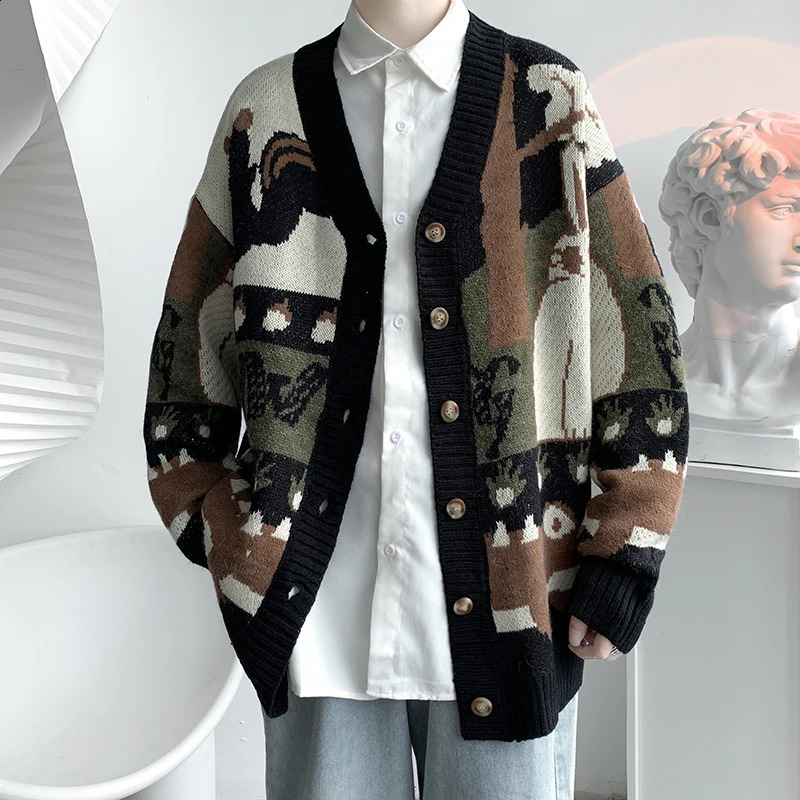 Abfer Cardigan Oversize Mens Winter Sweater Harajuku Hip Hop Knitted Coat Autumn Button-down Jackets Oversized Sweaters 240821