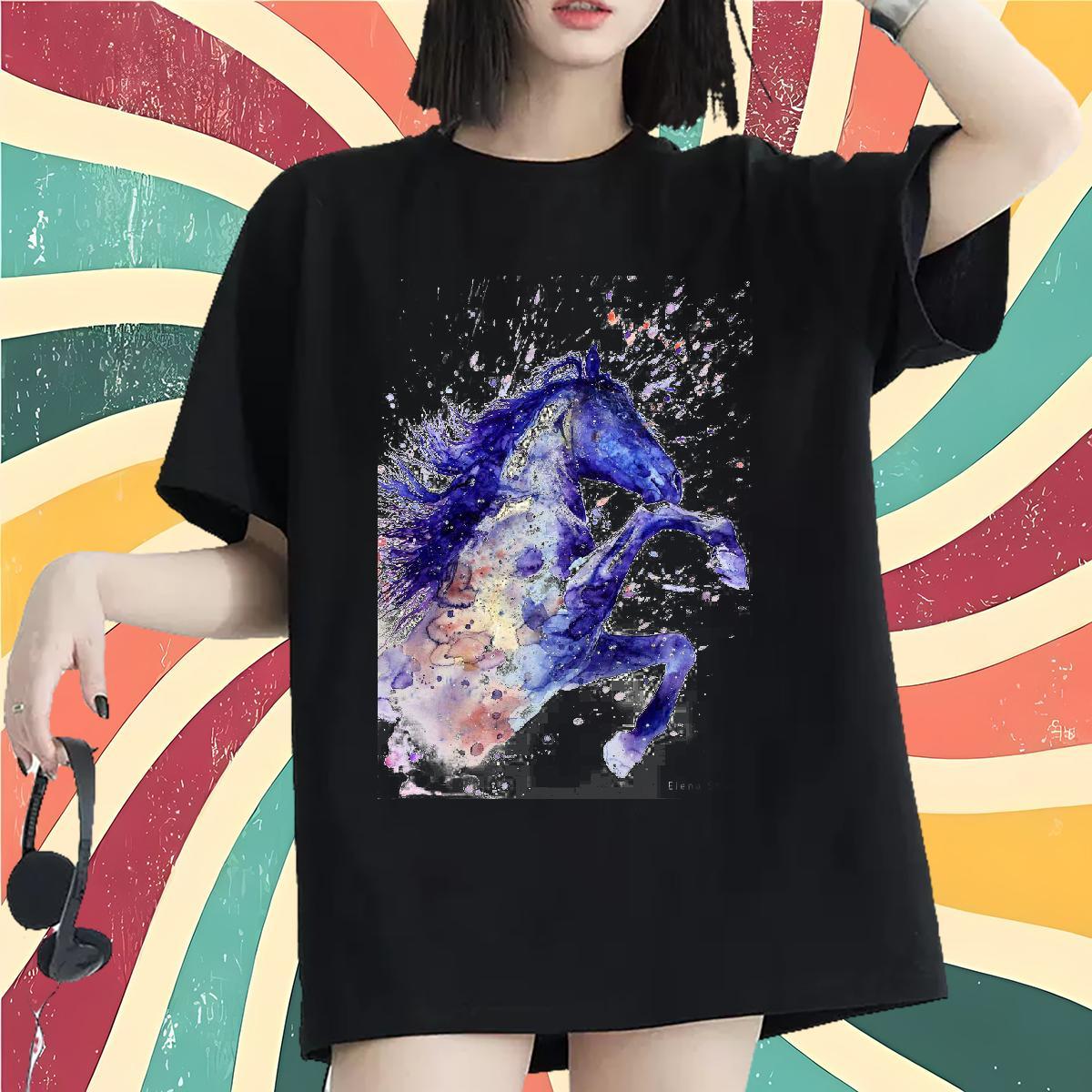 Custom T-Shirts Breathable Crew Neck 230g Pure Cotton Woman Tshirt Custom Cartoon horse Street Wear Popular Clothes Shirt
