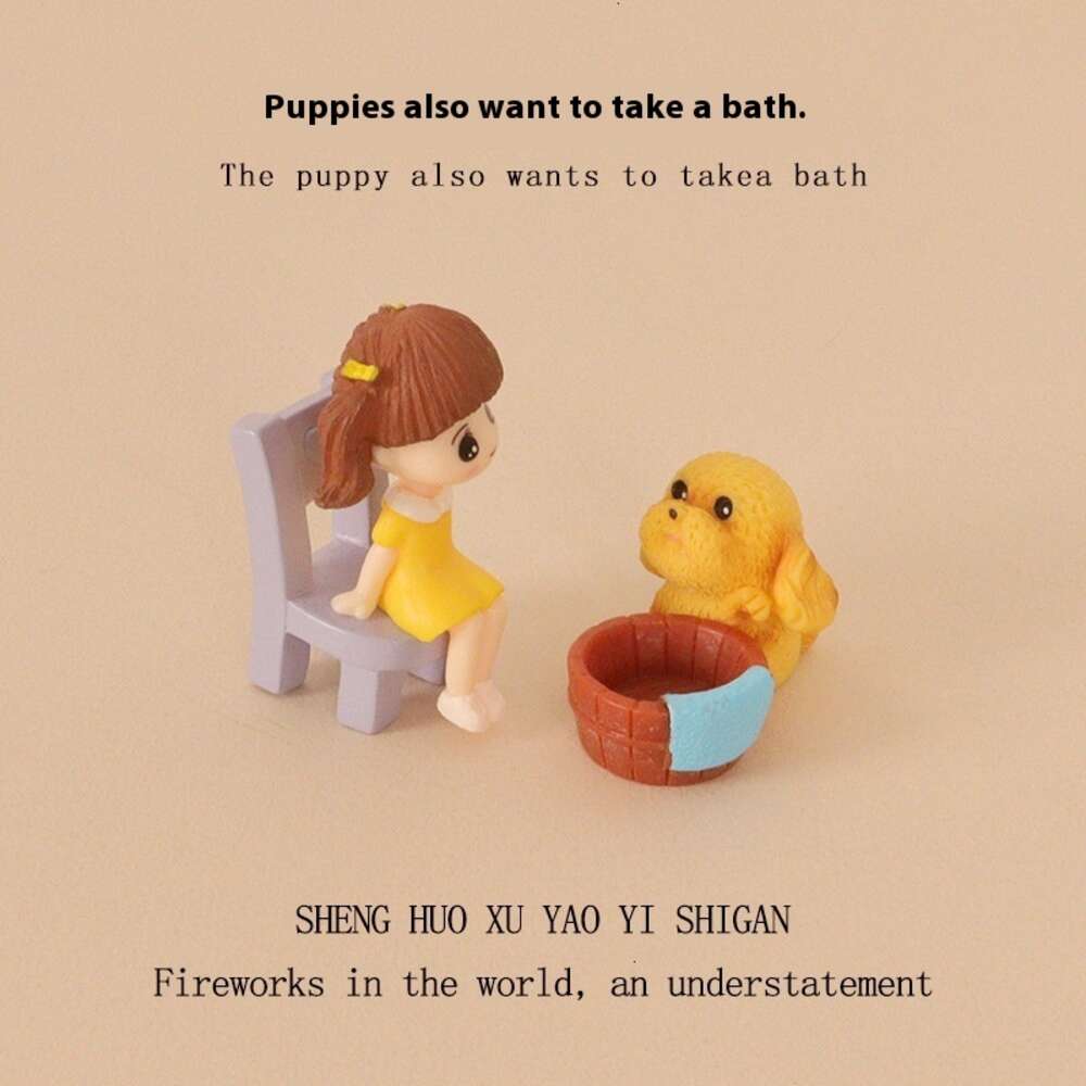 Cartoon Creative Mini Cute Dog Little Girl Foot Soaking Micro Landscape Scene Home Decoration Desktop Ornament