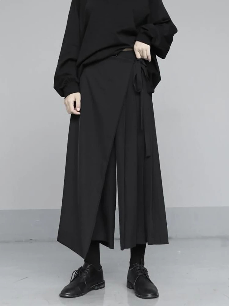 Zoki Vintage Black Y2K Pants Women Harajuku High Waist Gothic Wide Leg Pant Skirt Streetwear Bf Bandage Patchwork Korean Pants 240821
