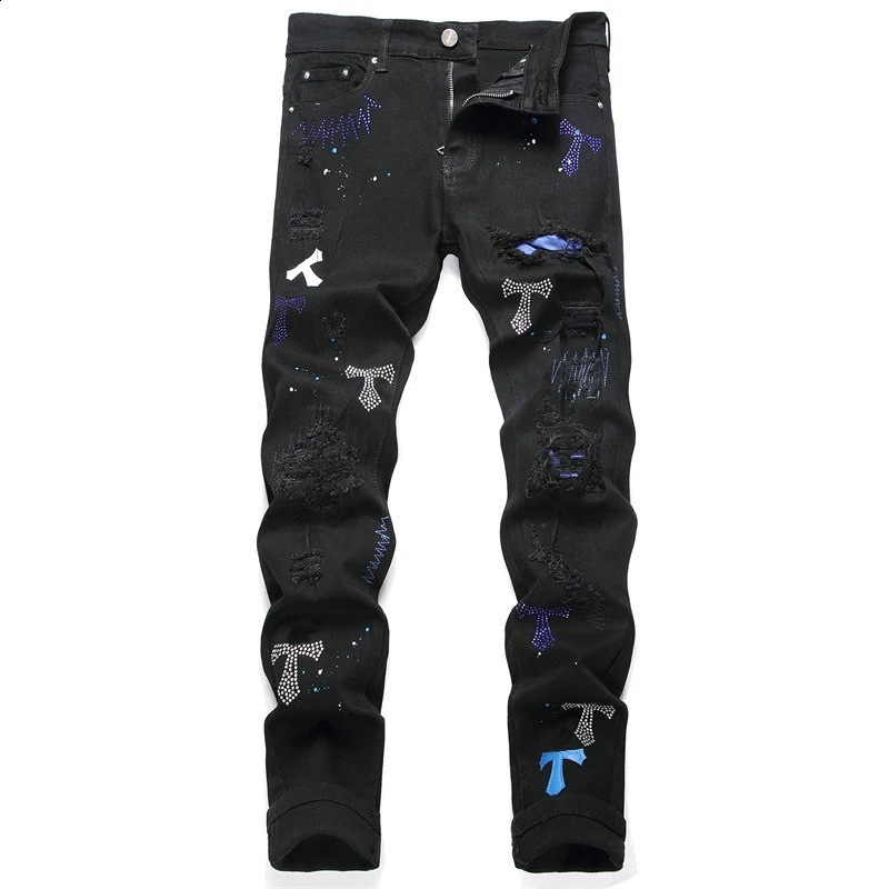 Mens jeans 3109 ripped patch black trend stretch slim legs personalized mens pants 240809