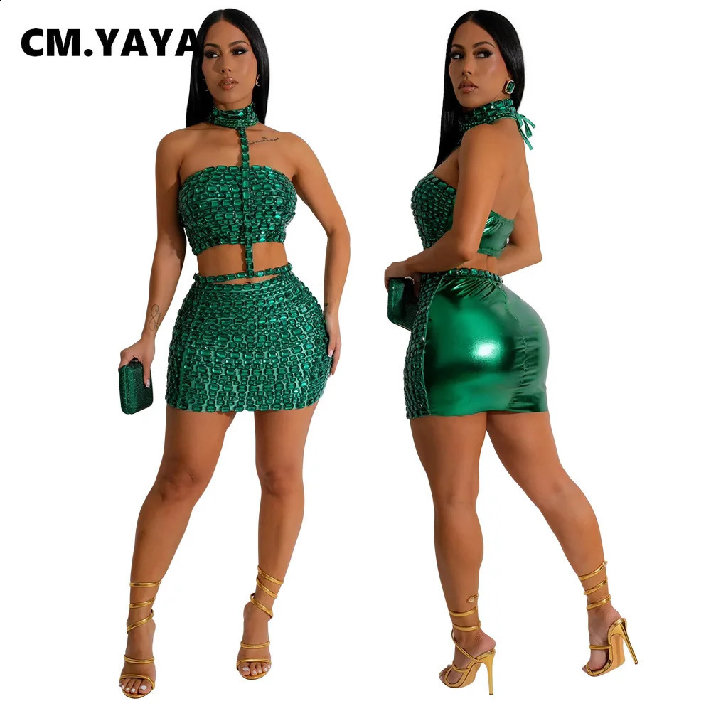 CMYAYA Womens Set Rhinestone Sexy Mini Skiwear and Suffocating Crop Top Strapless Two Piece Party Club Evening Dress 240821