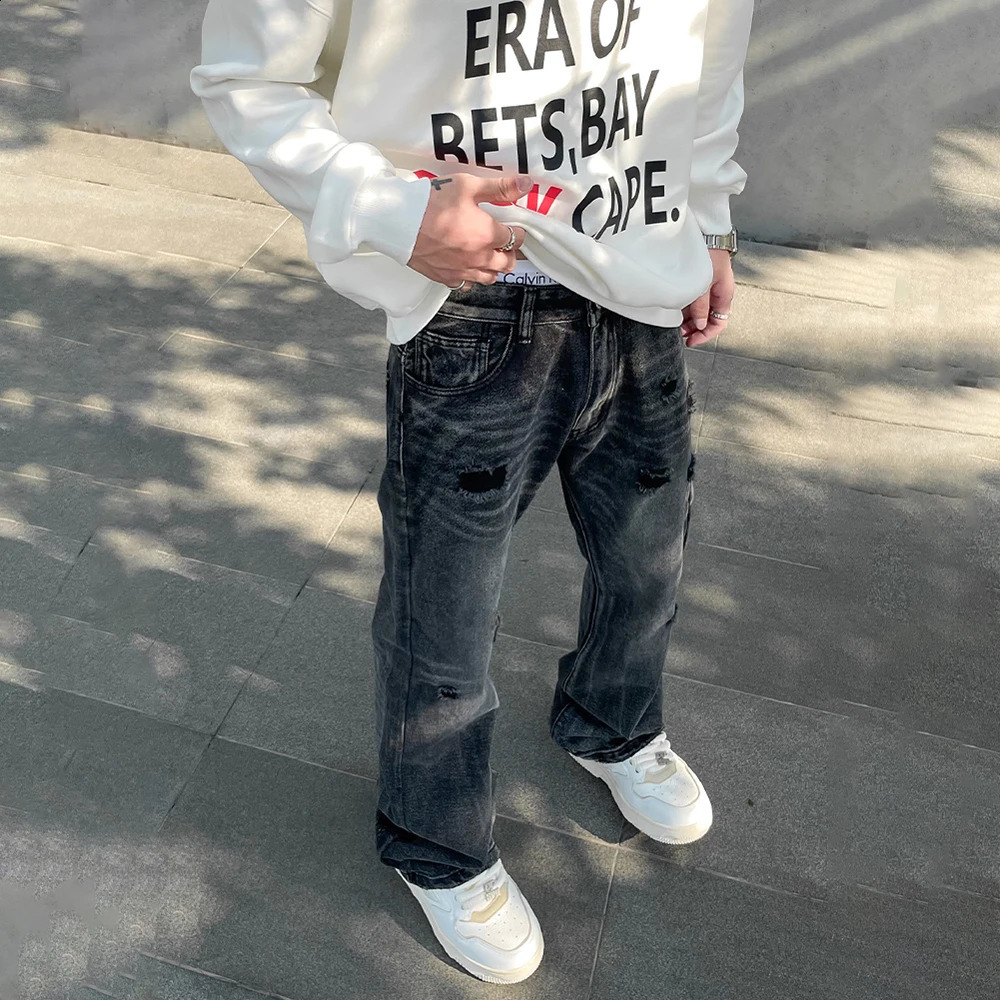 Streetwear Ripped Jeans Men Autumn Black Flared Trousers Casual Y2k Vaqueros Pantalones Hombre Winter Street Hole Denim Pants 240821