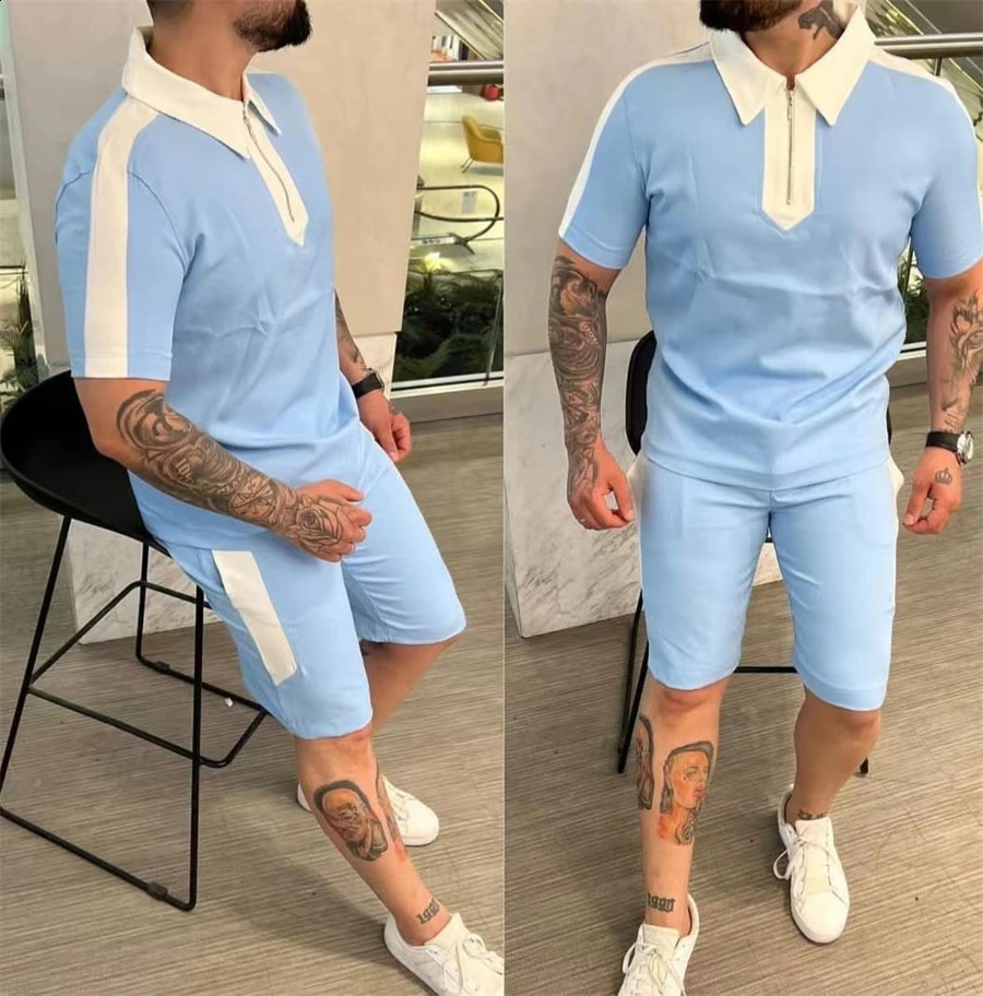 Summer Tracksuit Short Sleeve T ShirtShorts Suit Men Streetwear Fstitching Sweatshirt Oversized Men Clothing 2 Piece Sets 240821