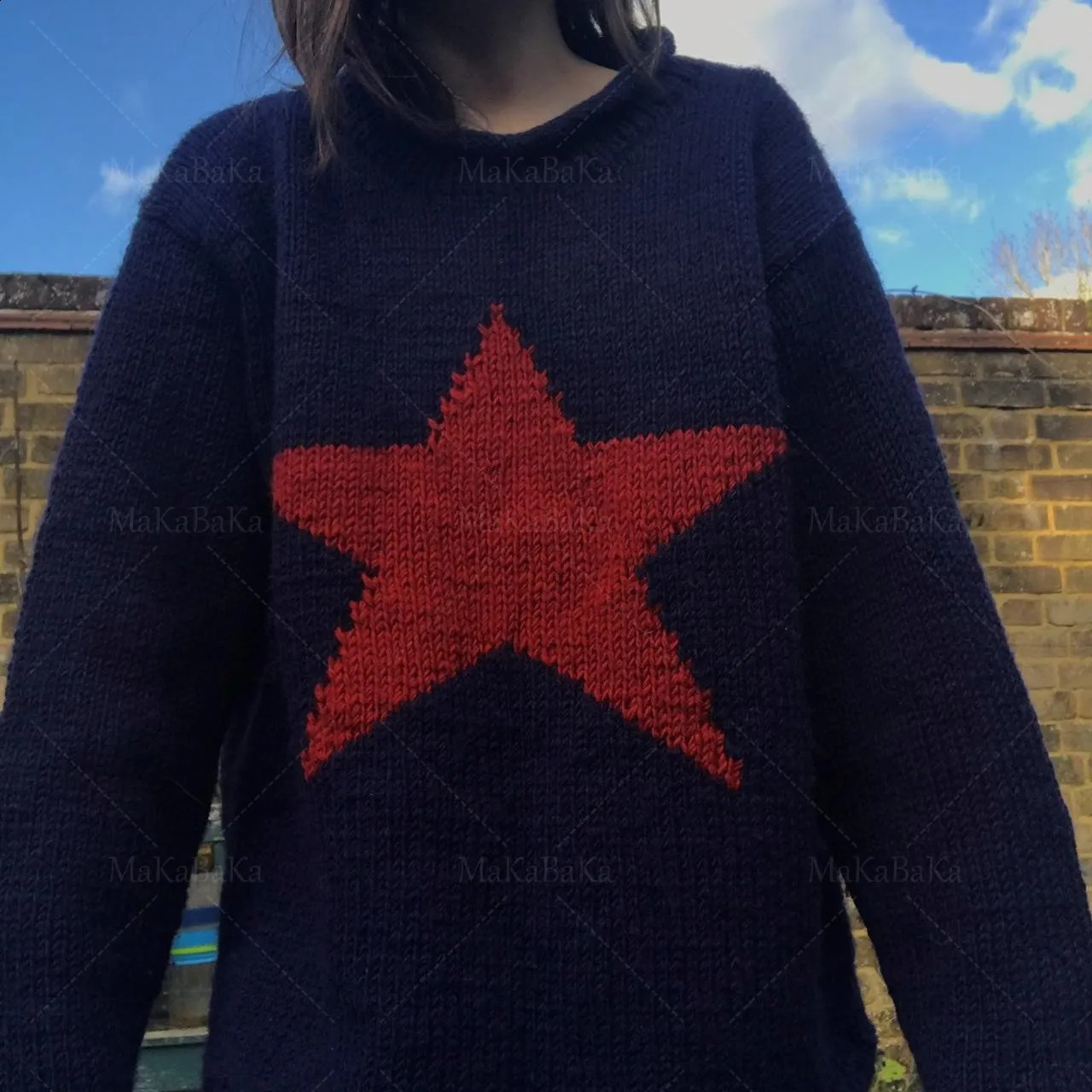 y2k Winter Star Print Round Neck Letter Long Sleeve Sweater Korean Fashion Jacquard Knit Ladies Top Oversized Pullover 240821