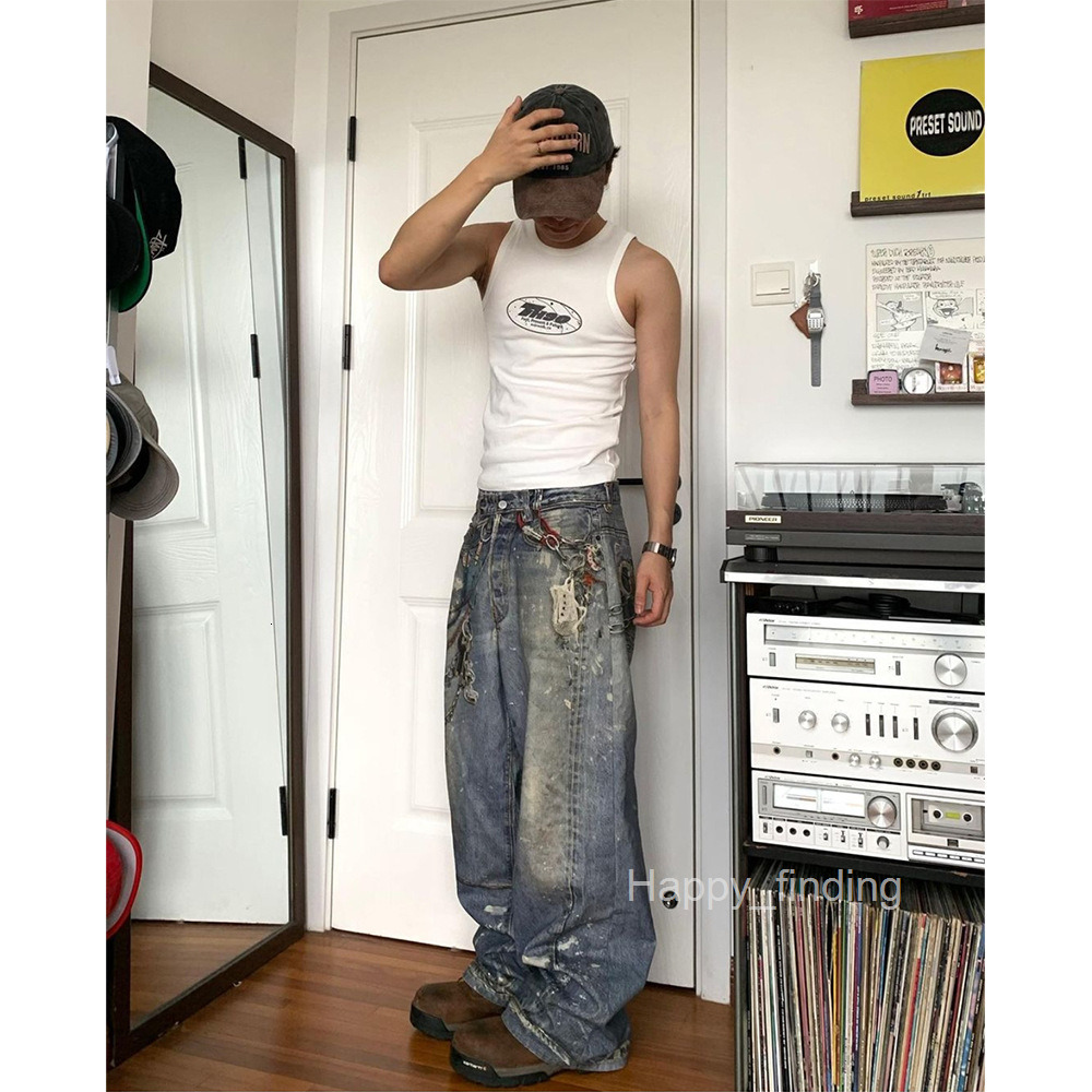 New Ac Style 3d Printed Pants Chain American Street Jeans Mens Vintage Straight Leg Long Pants