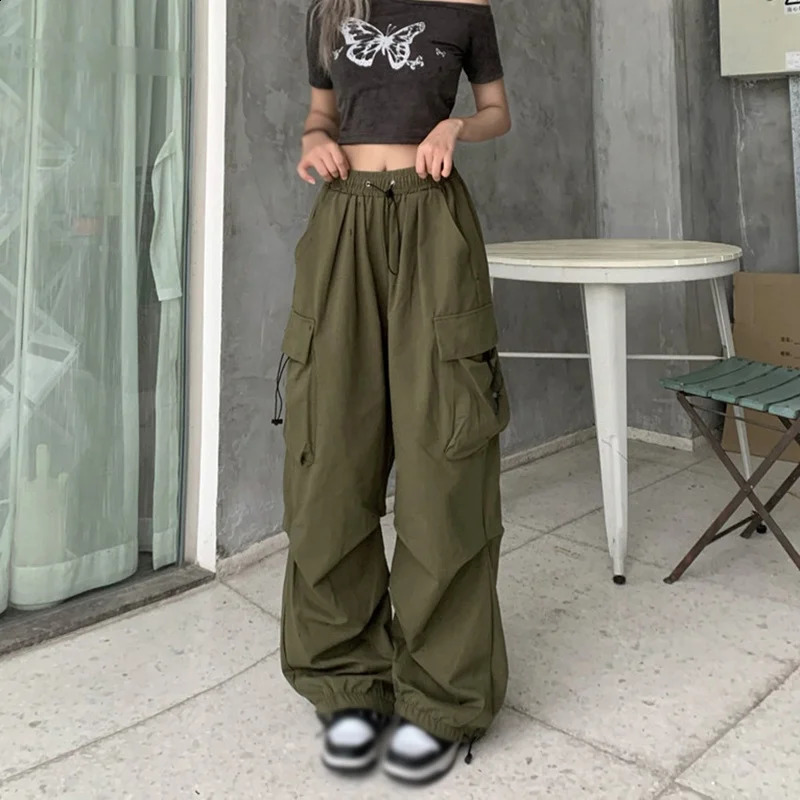Women Y2K Cargo Pants Casual High Waist Big Pockets Hip Hop Trousers Female Streetwear Drawstring Baggy Oversized Sweatpants 240821