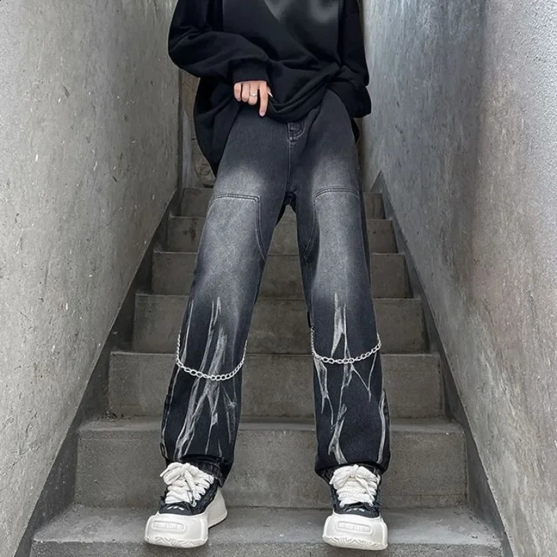 Jeans for Men Punk Straight Hip Hop Black Male Cowboy Pants with Pockets Trousers Denim Loose Cotton Fashion Plus Size Xs 240821