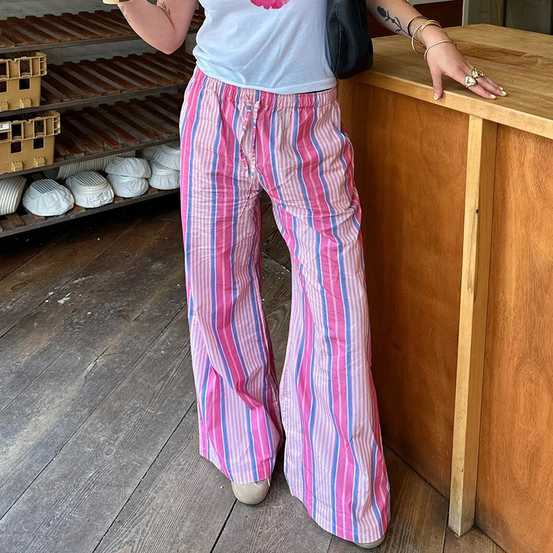 Rapcopter y2k Striped Pants Women Vintage Pink Shirring Streetwear Casual Trousers Harajuku England 90s Aesthetic Pants French 240821