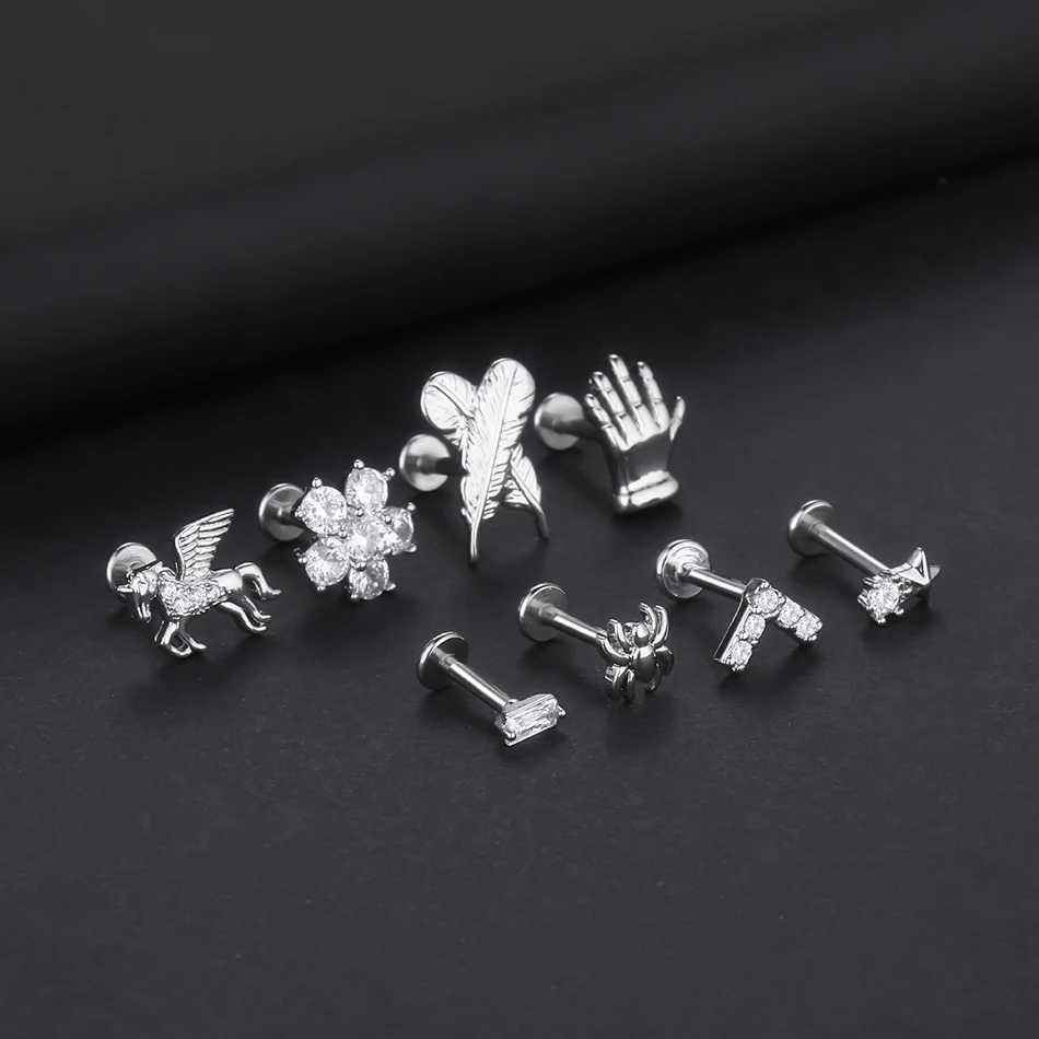 1PC Spider Feather Lip Monroe Studs Labret Piercing 16G CZ Flower Ear Cartilage Tragus Daith Lobe Piercing Earring for Women Men Y240921