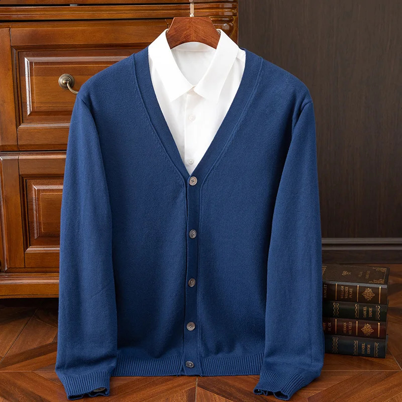 Fall/Winter 100% Merino wool cashmere coat mens V-neck cardigan casual solid color padded knit coat warm coat 240821