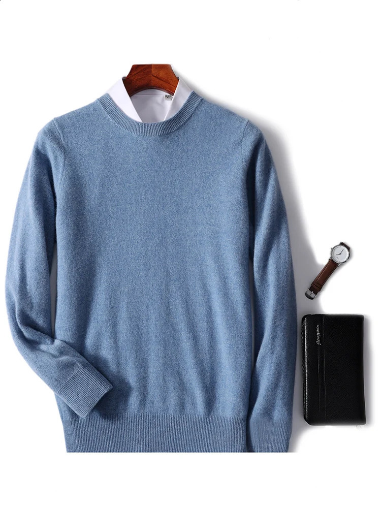 Spring Autumn 100% Pure Merino Wool Pullover Sweater Men O-Neck Long-sleeve Cashmere Basic Knitwear Clothing 240821