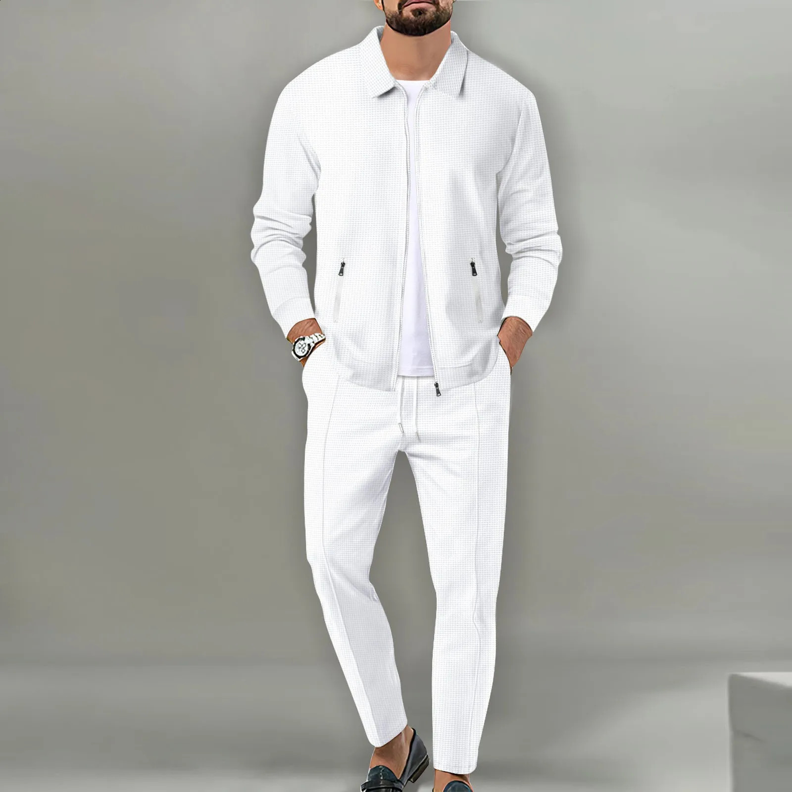Autumn Mens Fashion Overalls Set Casual Streetwear Solid Color Long Sleeve White Jacket Set Cargo Pants Suit 2 Pieces Male 240822