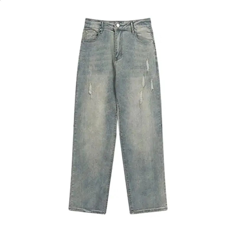 Jeans Mens High Street Ripped Straight Trousers Button Pocket Washed Solid Color Loose Trousers A168 240821