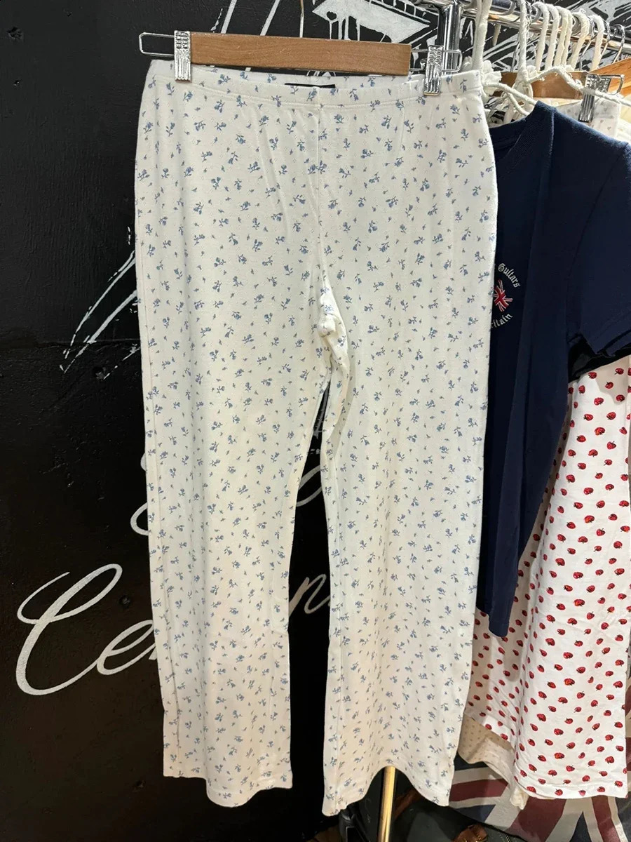 Women Blue Floral Eyelet Straight Long Pants Summer High Waist Casual Wide Leg Trousers Vintage Cotton Home Pajama Pant Y2k 240821