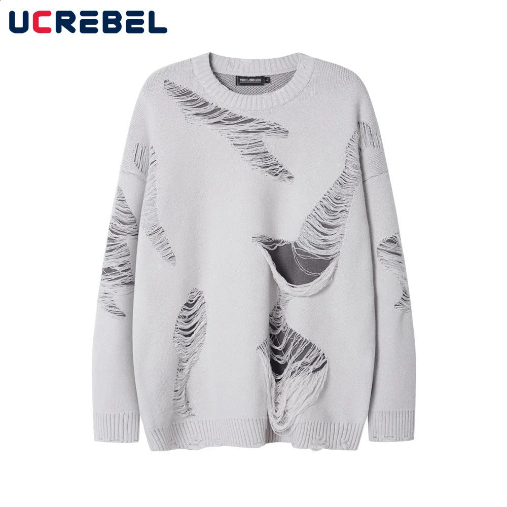 Splicing and tearing sweater for men autumn winter street workers loose collar long sleeved knitted floral mens clothing 240821