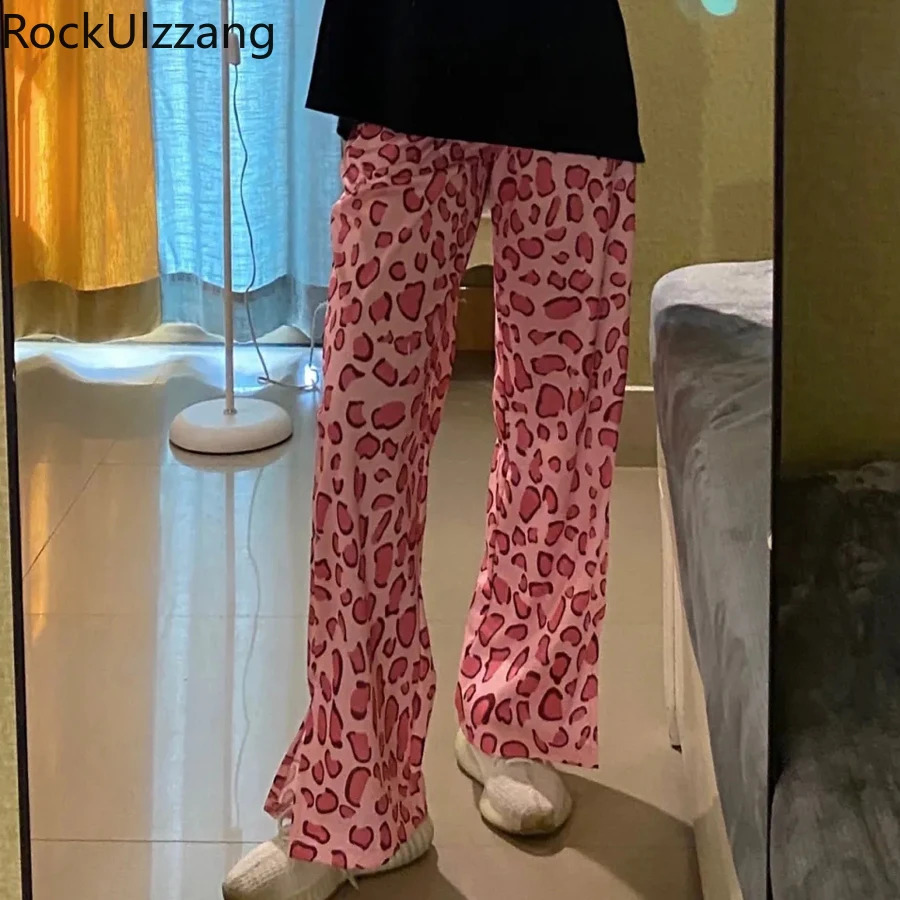 Side Split Elastic High Waist Leopard Pink Pant Pocket Women Fashion Aesthetic Summer y2k Slim Slit Trouser Korean Style Cute 240821